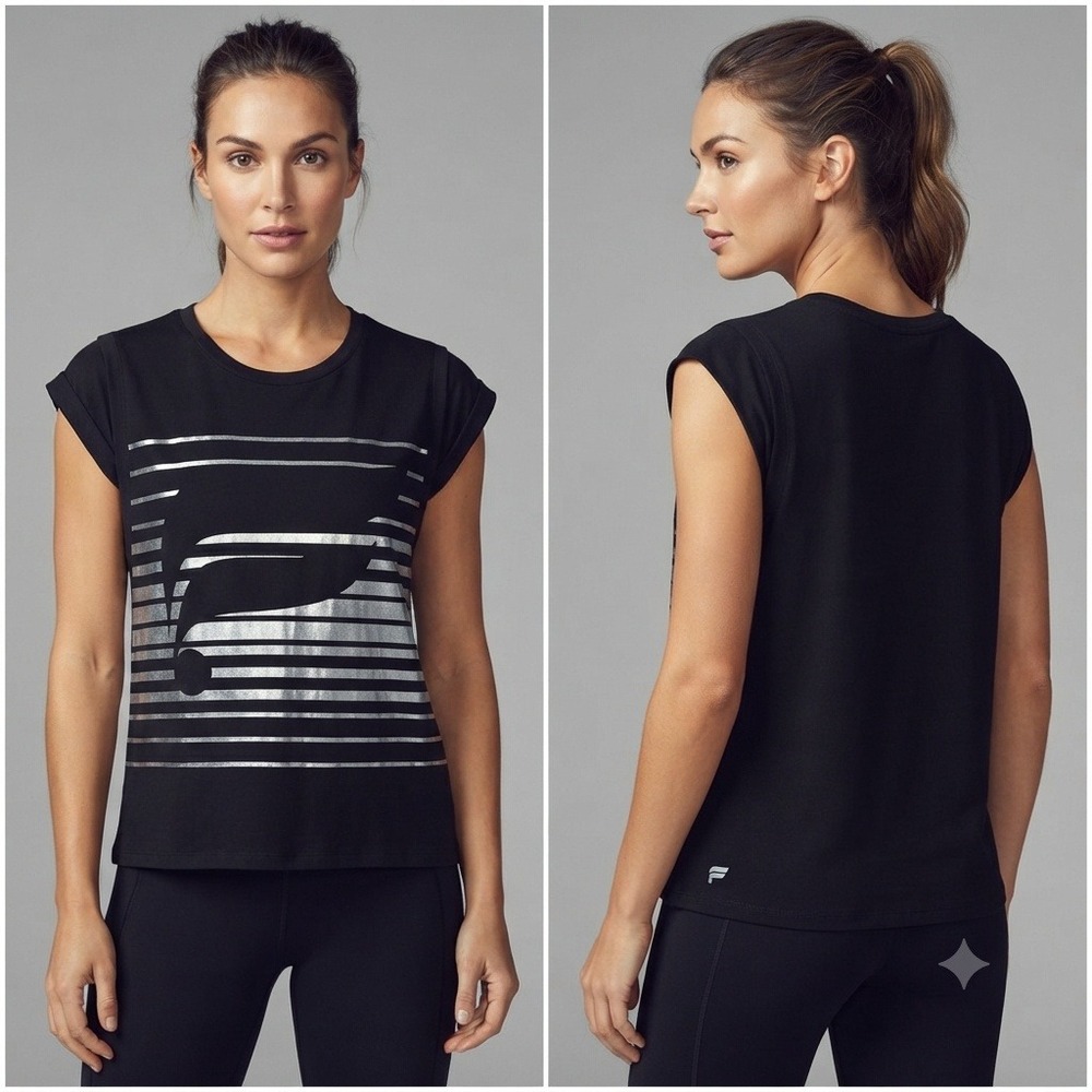 Fabletics Tank Womens Large Black Silver Metallic Foil Logo Muscle Top